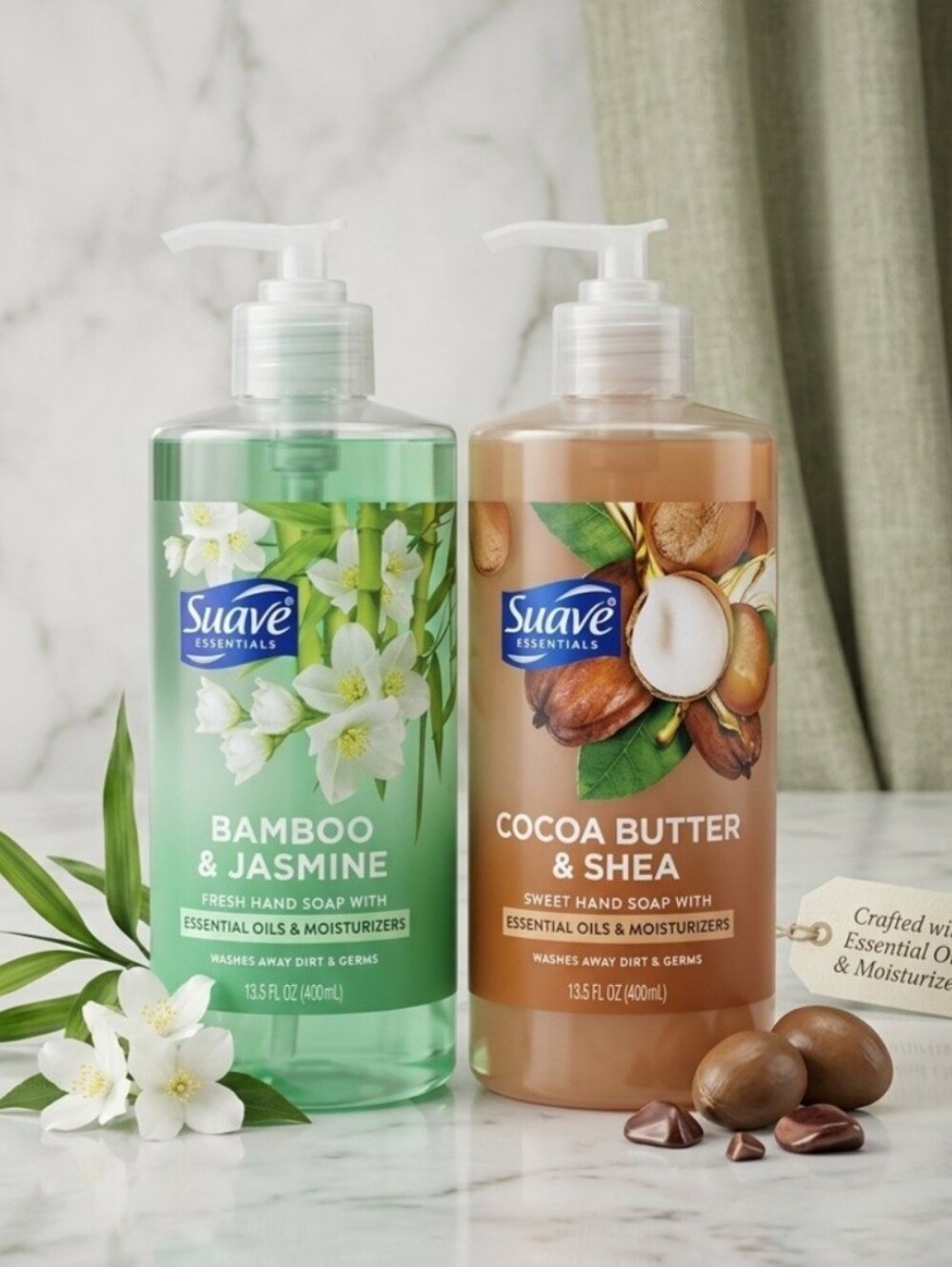 New Suave Essentials Liquid Hand Soap 2 Pack Bamboo Jasmine Cocoa Butter 13.5oz